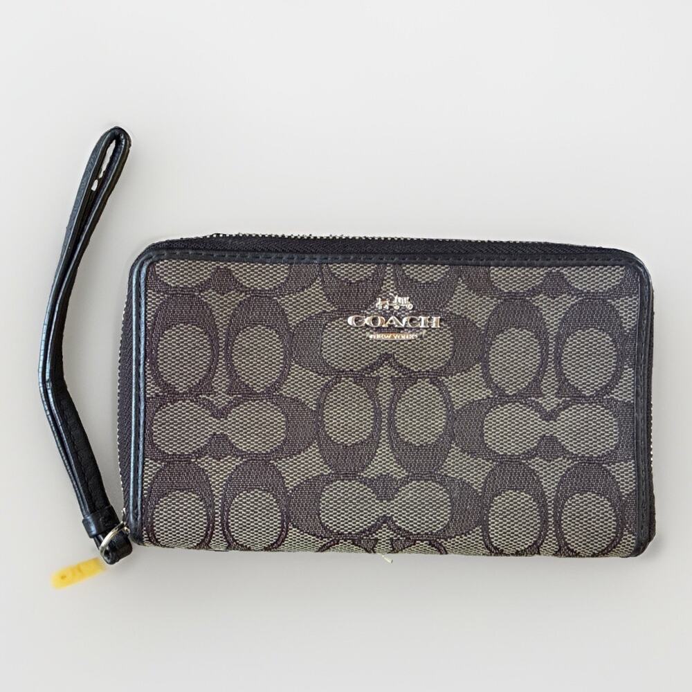 Coach Signature C Jacquard Zip Around Accordion Wallet Wristlet Brown Black